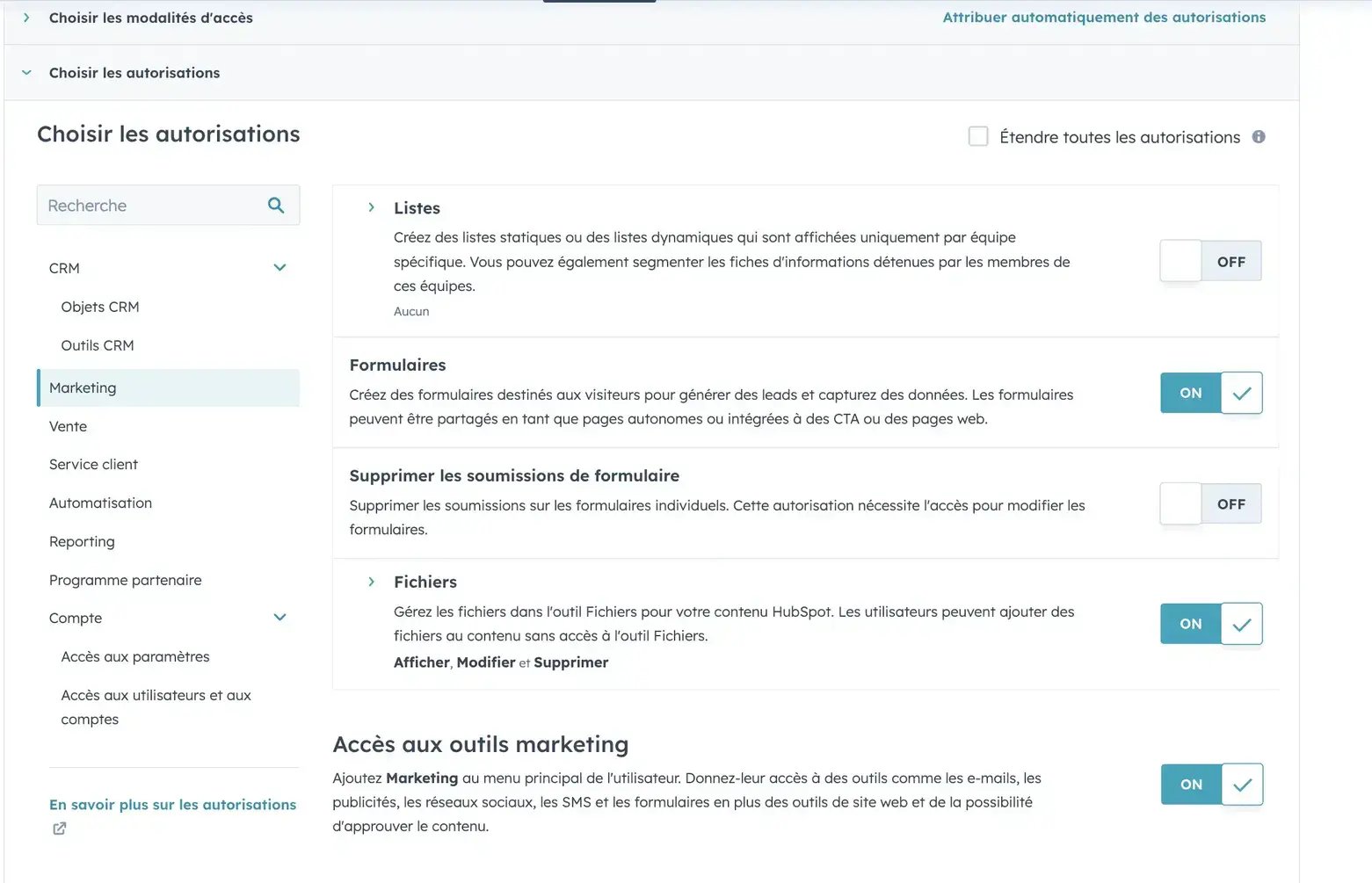 configurer droits et autorisations hubspot