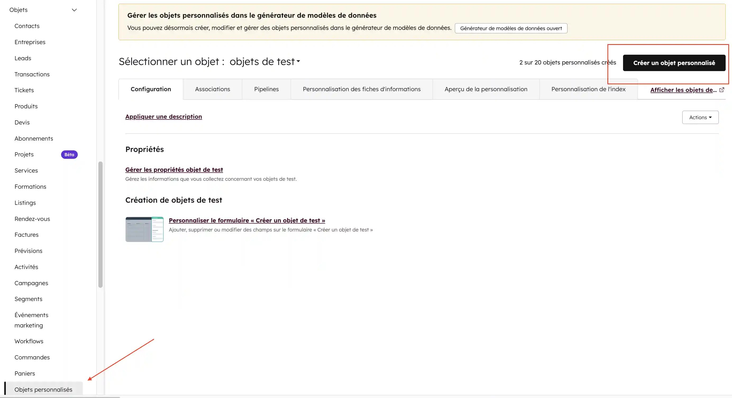 comment créer un objet personnalisé hubspot