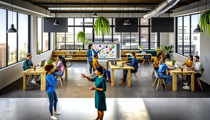 Illustration d'un open space de startup, avec des équipes aux tables en bois et une présentation sur un grand écran