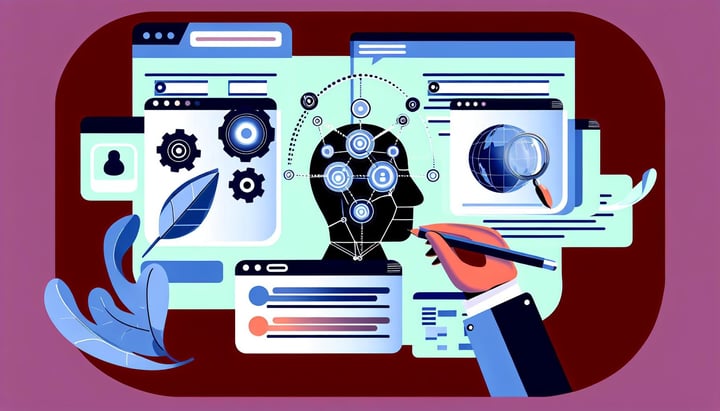 Illustration d'une tête stylisée reliée à des fenêtres web, des engrenages et une loupe sur un globe