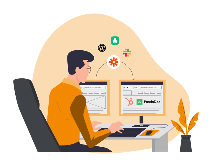 Illustration d'un utilisateur reliant HubSpot et PandaDoc via Zapier, avec les logos Slack, WordPress et Aircall