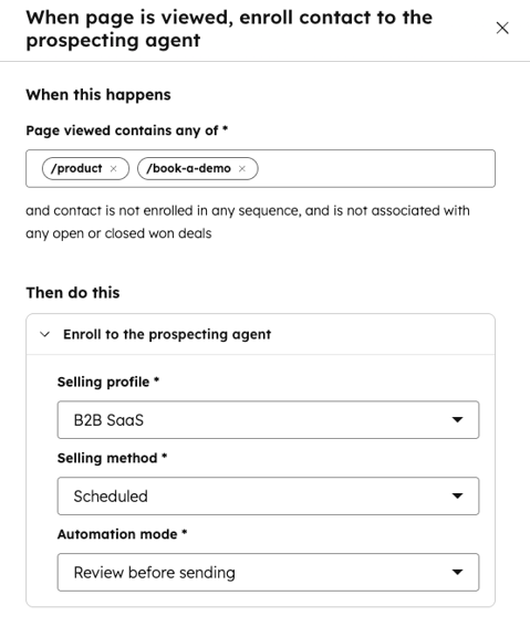 Paramétrage d'une règle d'inscription à l'agent de prospection HubSpot avec profil de vente et mode de révision avant envoi