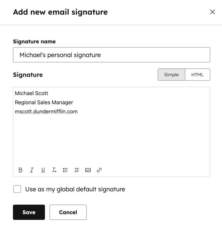 Éditeur de signature e-mail HubSpot avec le sélecteur Simple / HTML et la case signature par défaut globale