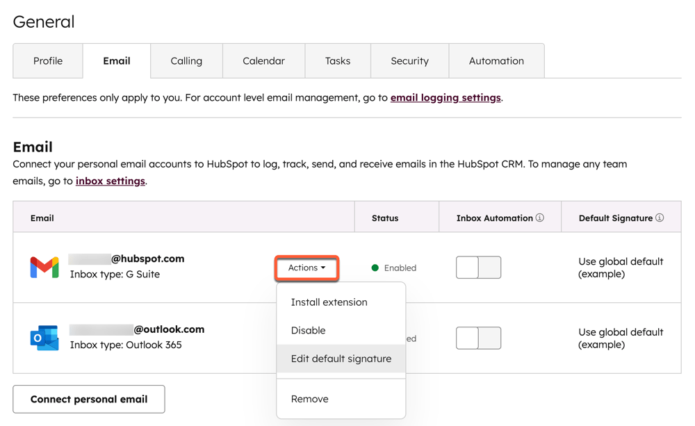 Onglet E-mail des paramètres HubSpot avec le menu Actions et l'option de modification de la signature par défaut