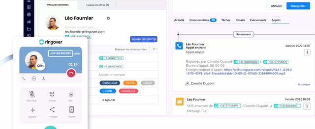 Capture d'une fiche contact avec le téléphone Ringover en appel et l'historique des appels et des SMS