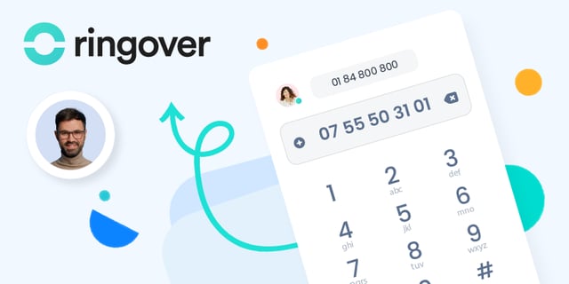 Logo Ringover à côté d'un clavier de téléphone affichant un numéro à composer, avec le portrait d'un interlocuteur