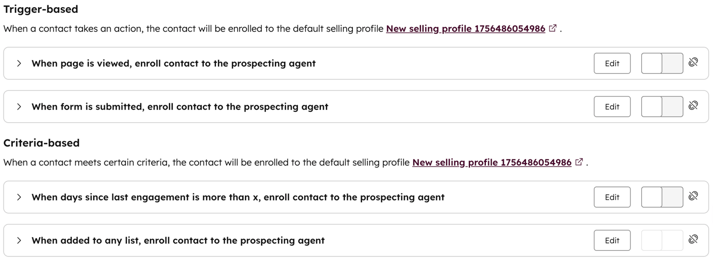 Règles d'inscription automatique à l'agent de prospection HubSpot, par déclencheur et par critères