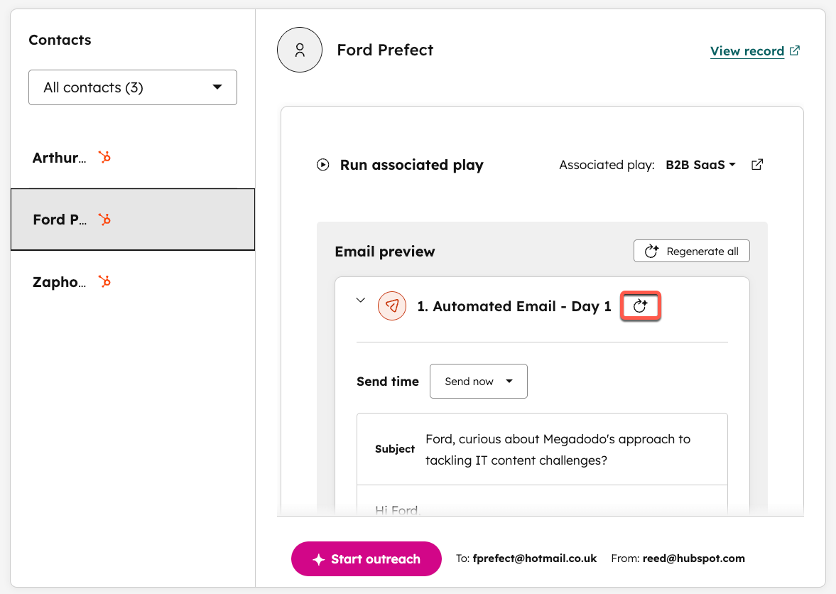 File de révision de l'agent de prospection HubSpot avec aperçu de l'email généré avant envoi